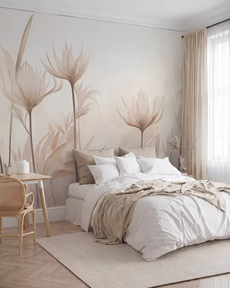 murais de parede Flores translúcidas com textura, em tons suaves de pêssego e bege, com hastes longas e folhagem w10028