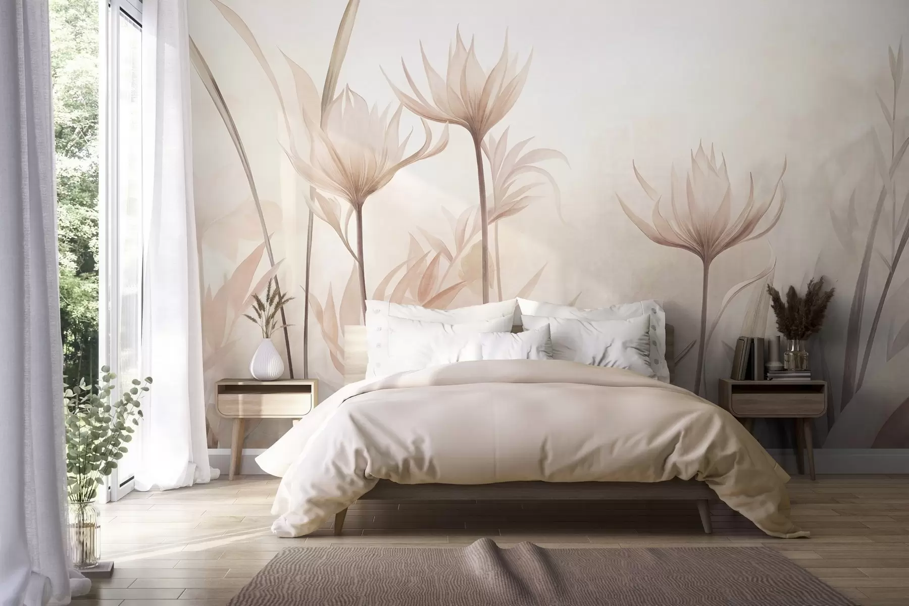 murais de parede Flores translúcidas com textura, em tons suaves de pêssego e bege, com hastes longas e folhagem w10028