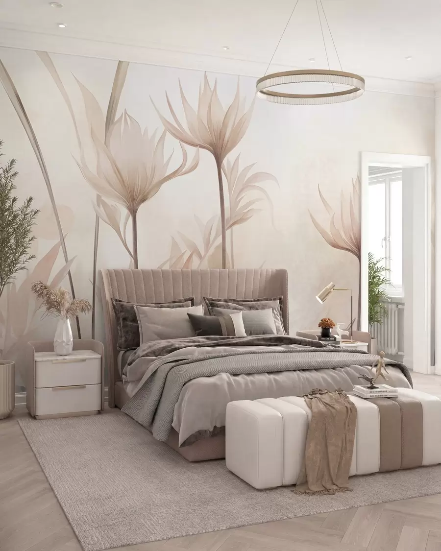 murais de parede Flores translúcidas com textura, em tons suaves de pêssego e bege, com hastes longas e folhagem w10028