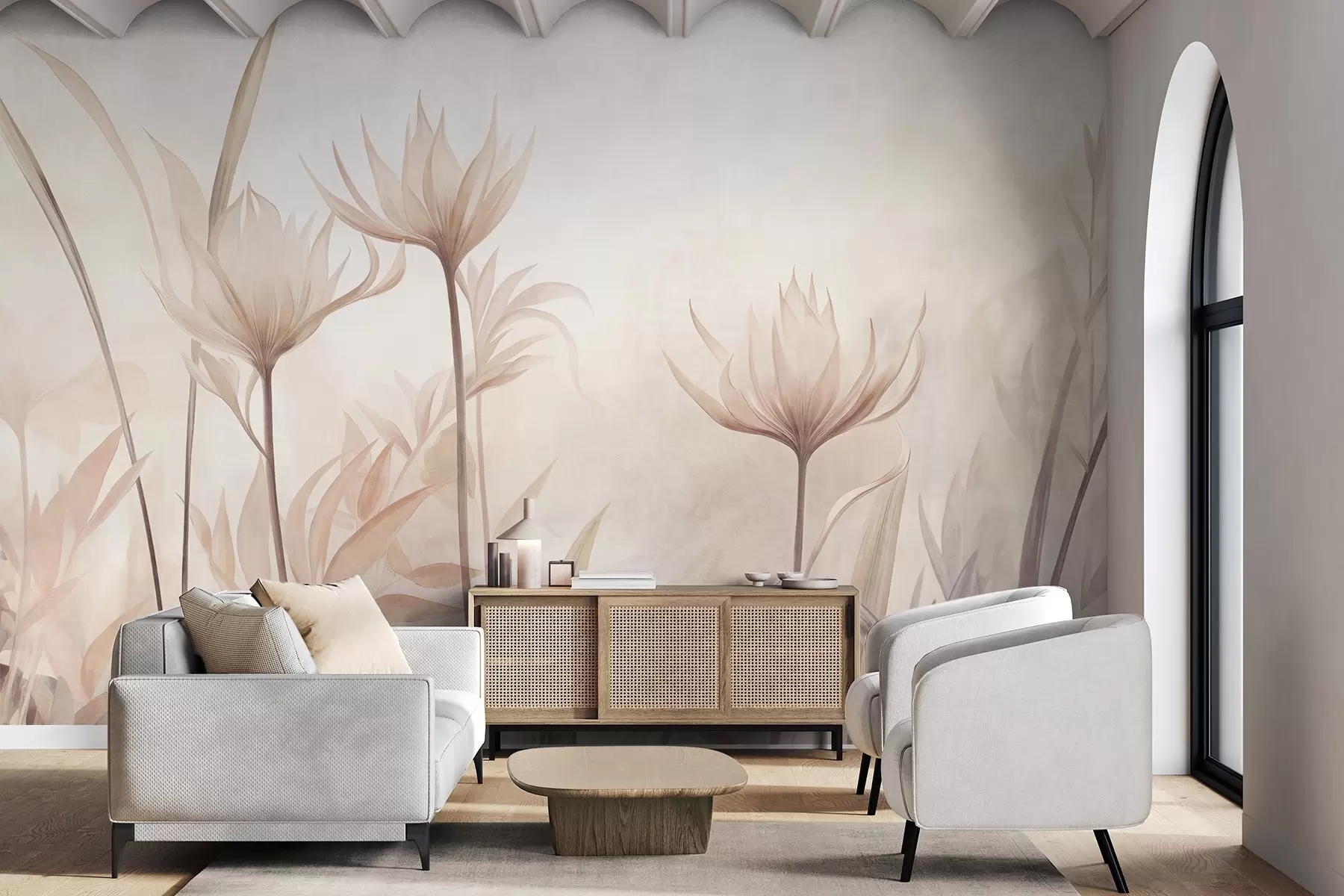 murais de parede Flores translúcidas com textura, em tons suaves de pêssego e bege, com hastes longas e folhagem w10028