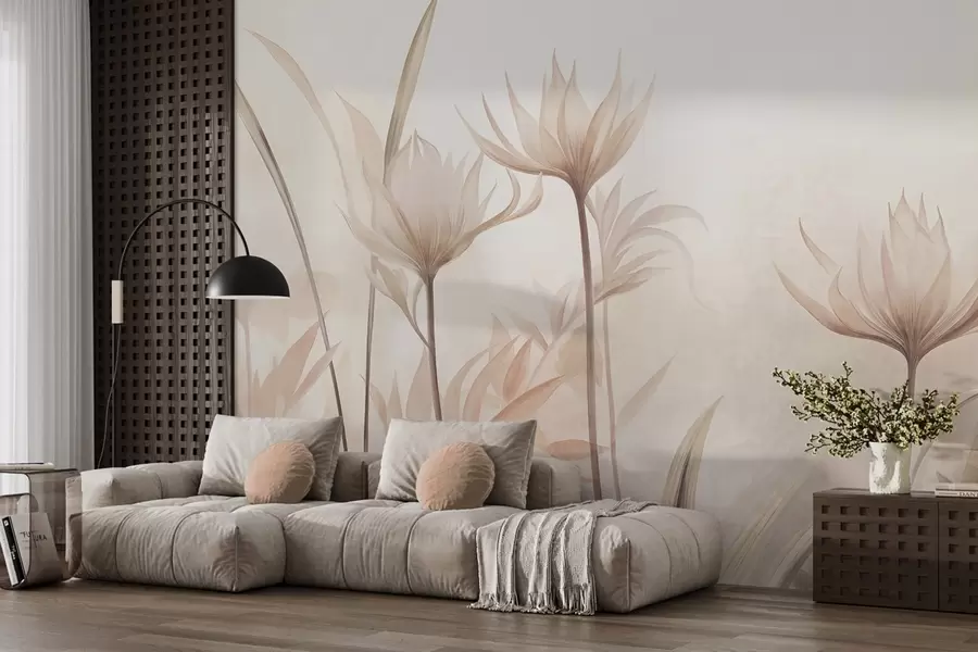 murais de parede Flores translúcidas com textura, em tons suaves de pêssego e bege, com hastes longas e folhagem w10028