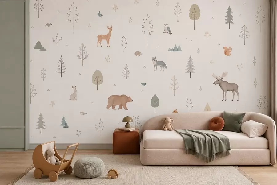murais de parede Animais da floresta e árvores em um fundo claro w05864