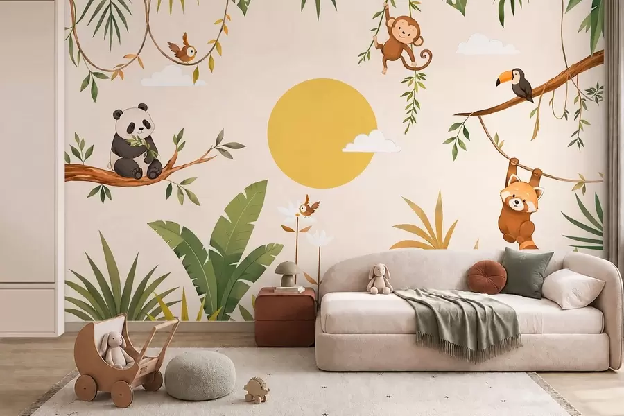 murais de parede Animais tropicais em meio à exuberante folhagem verde w05865