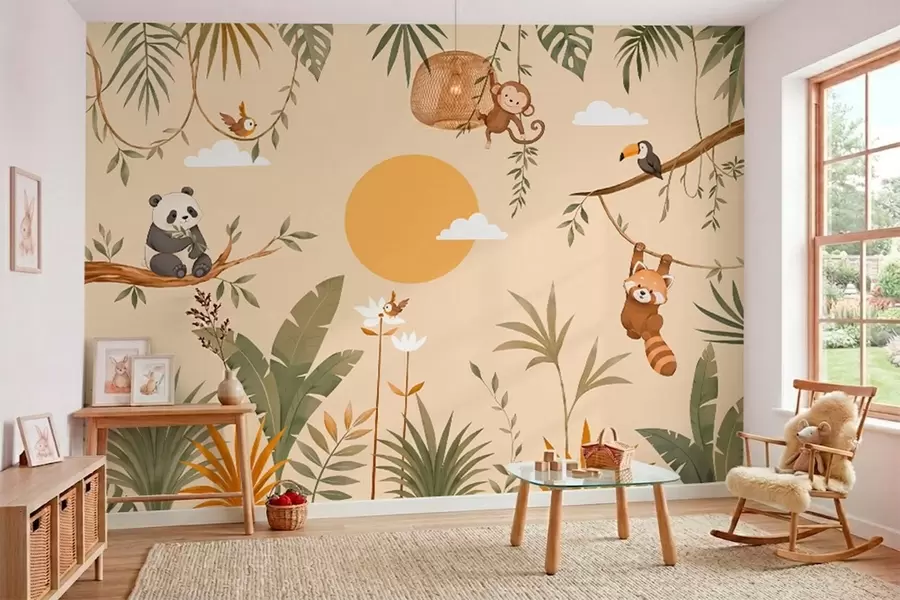 murais de parede Animais tropicais, folhagem e sol sobre um fundo quente w05865v1