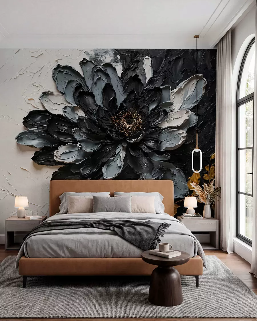 murais de parede Flor texturizada em preto e cinza com galhos decorativos w05883