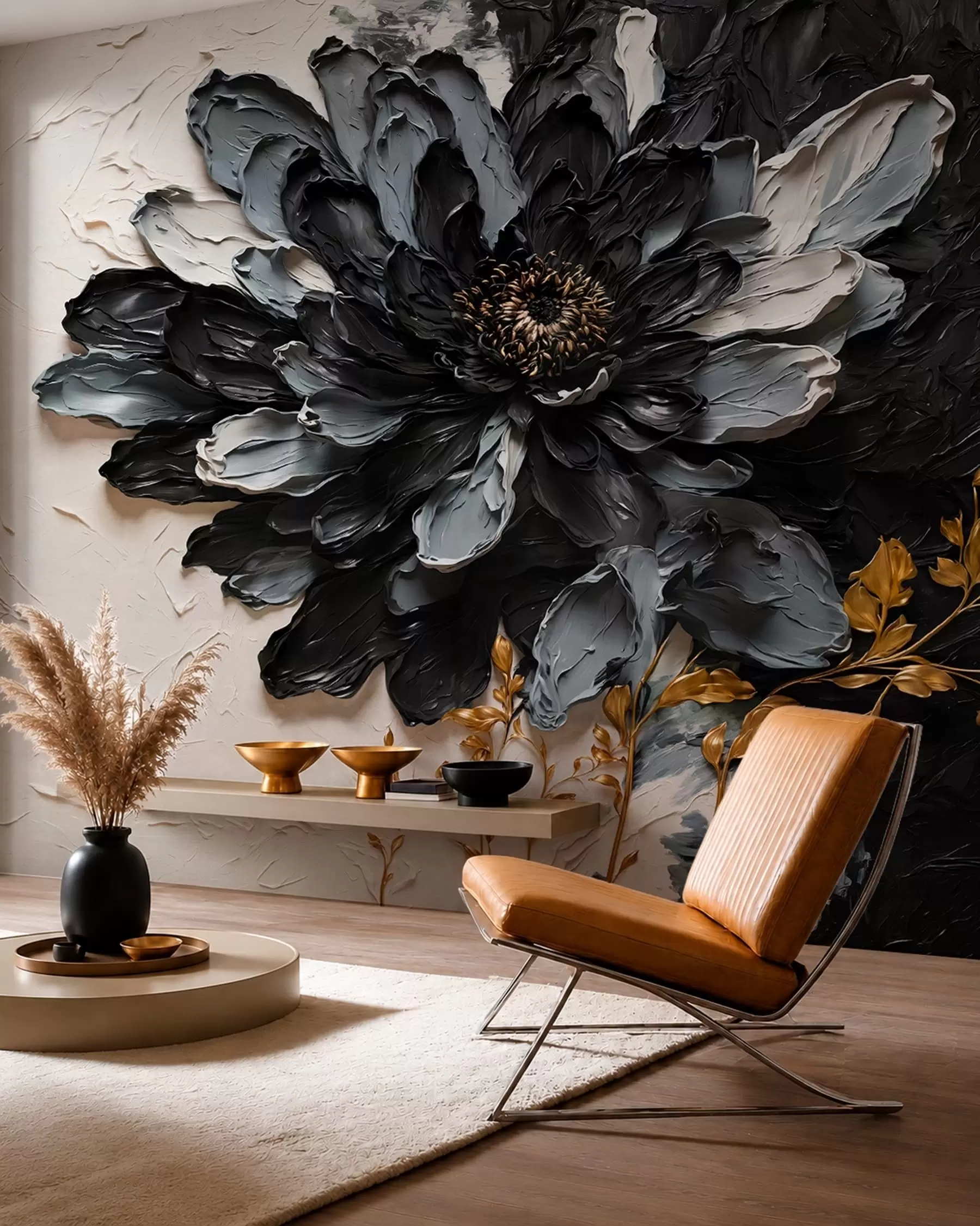 murais de parede Flor texturizada em preto e cinza com galhos decorativos w05883