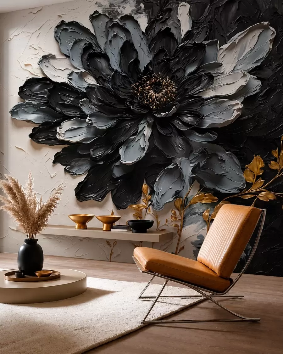 murais de parede Flor texturizada em preto e cinza com galhos decorativos w05883