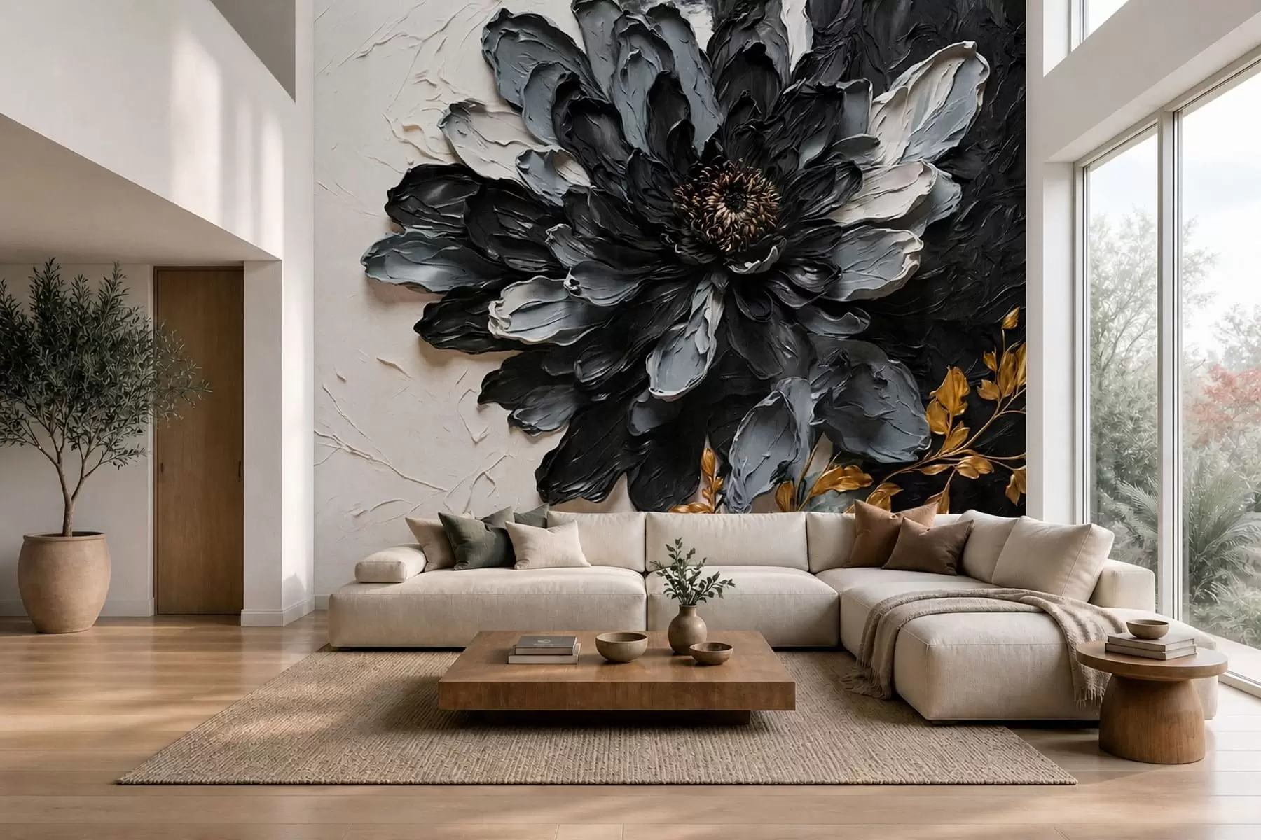 murais de parede Flor texturizada em preto e cinza com galhos decorativos w05883