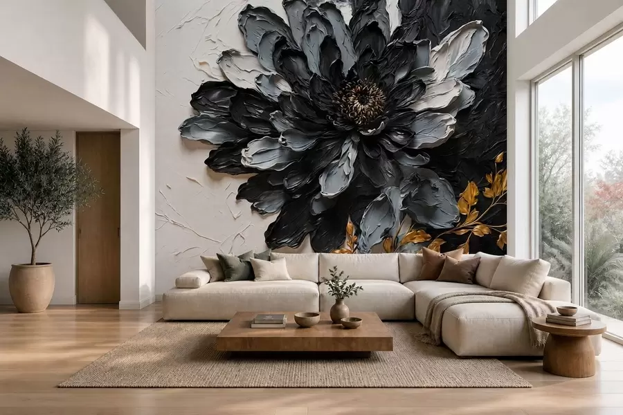 murais de parede Flor texturizada em preto e cinza com galhos decorativos w05883