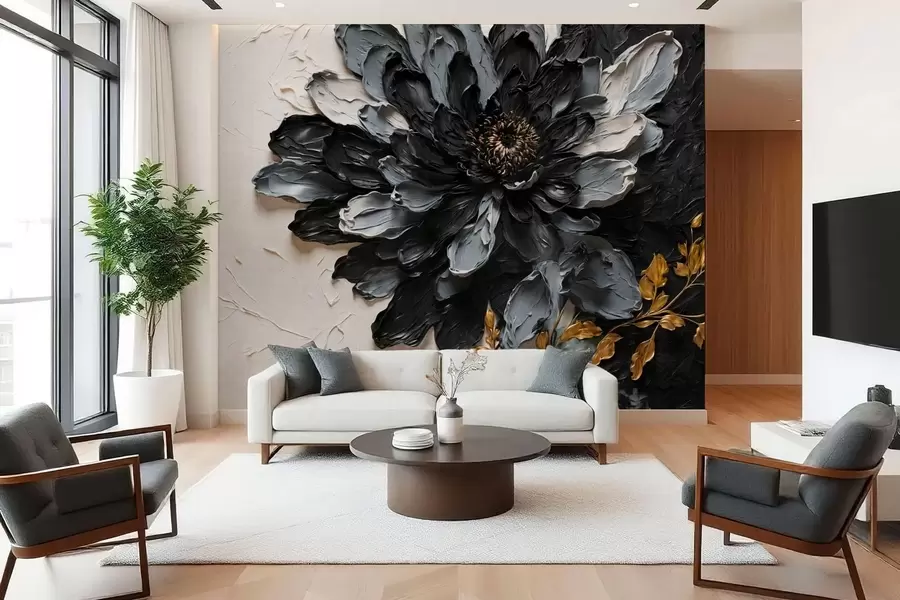 murais de parede Flor texturizada em preto e cinza com galhos decorativos w05883