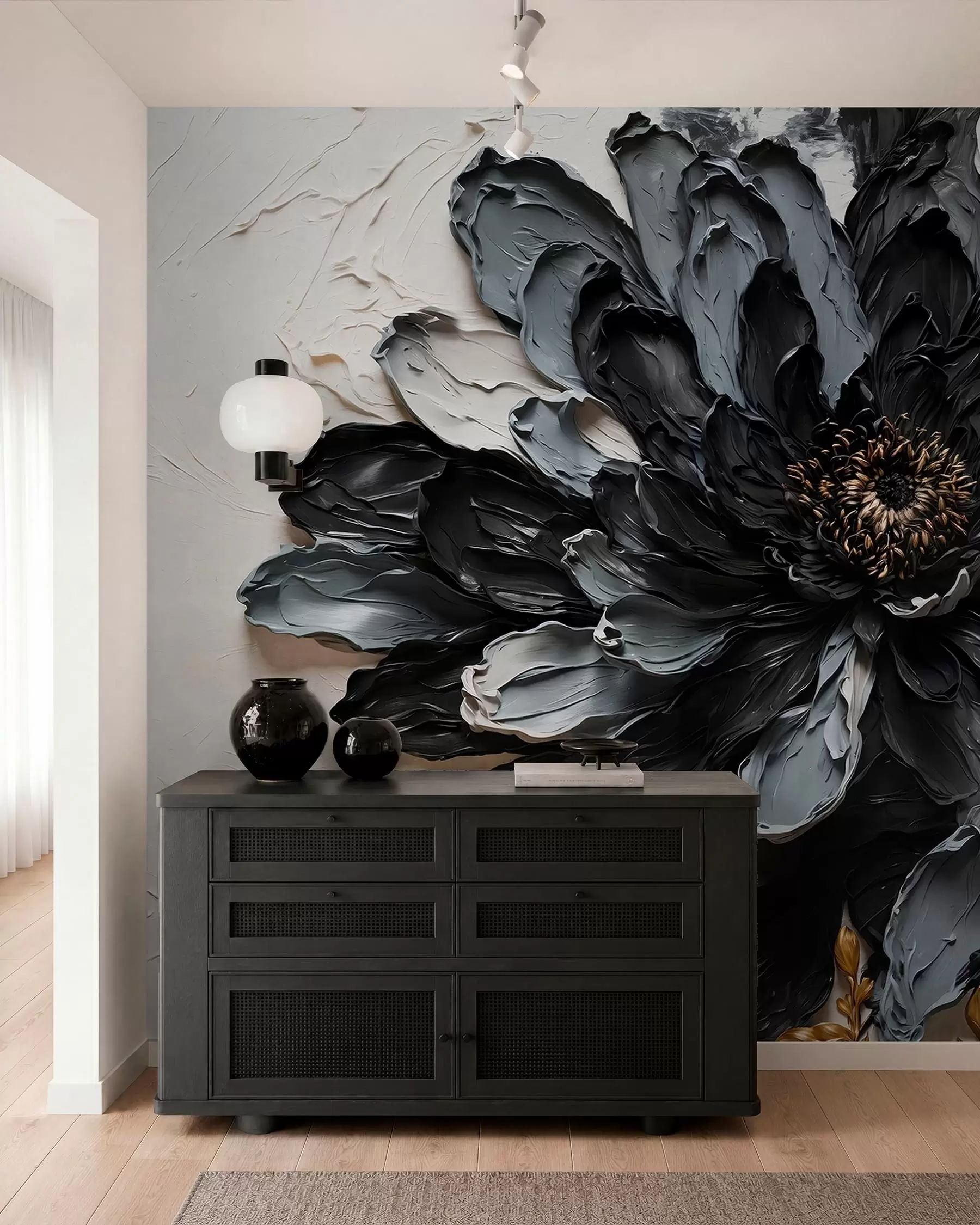 murais de parede Flor texturizada em preto e cinza com galhos decorativos w05883