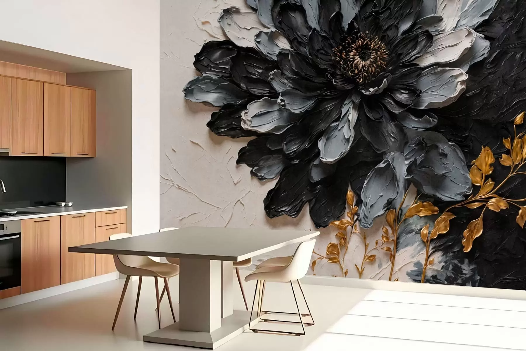 murais de parede Flor texturizada em preto e cinza com galhos decorativos w05883