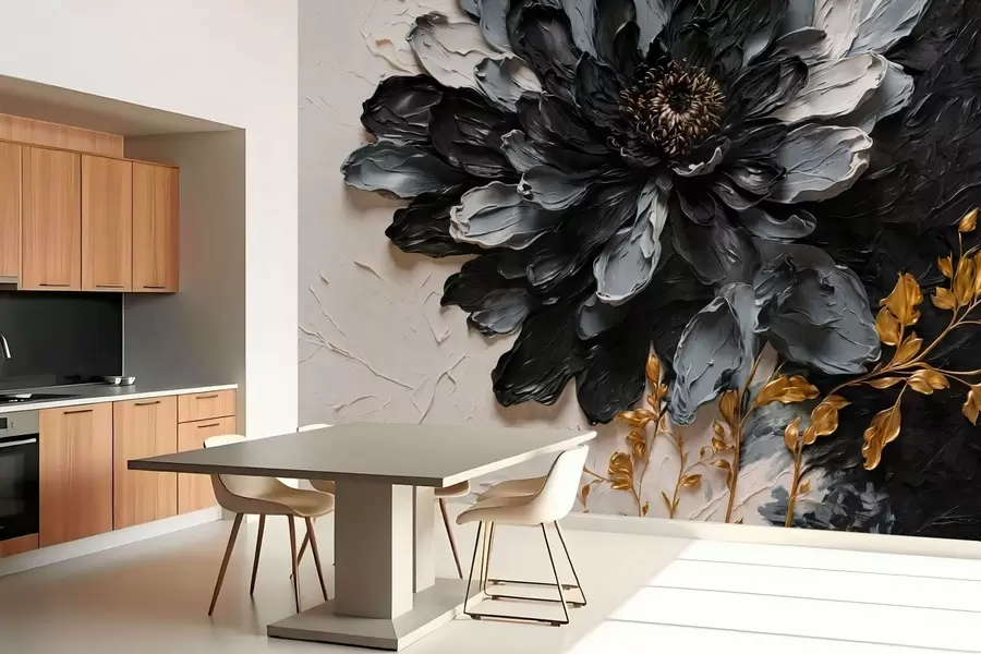 murais de parede Flor texturizada em preto e cinza com galhos decorativos w05883
