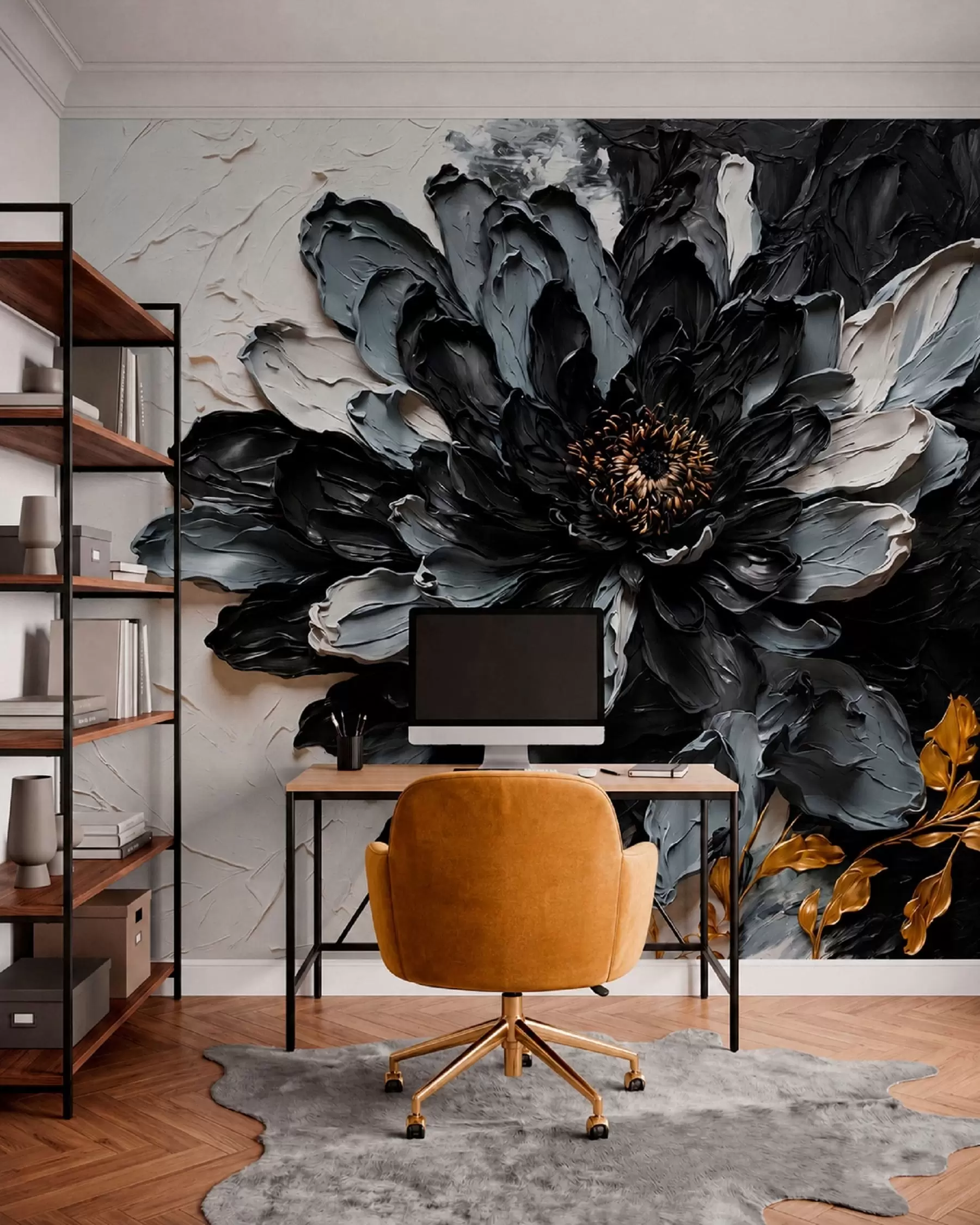 murais de parede Flor texturizada em preto e cinza com galhos decorativos w05883