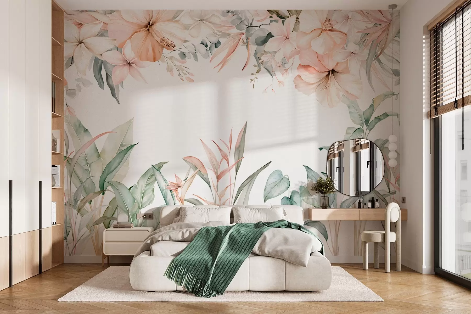 murais de parede Uma composição tropical de flores e plantas em estilo aquarela, em tons delicados w05870