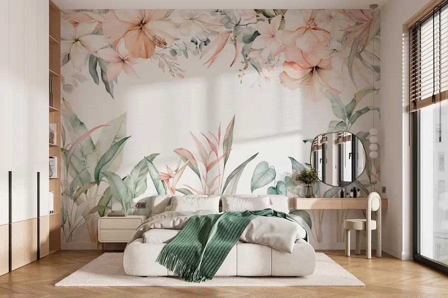 murais de parede Uma composição tropical de flores e plantas em estilo aquarela, em tons delicados w05870
