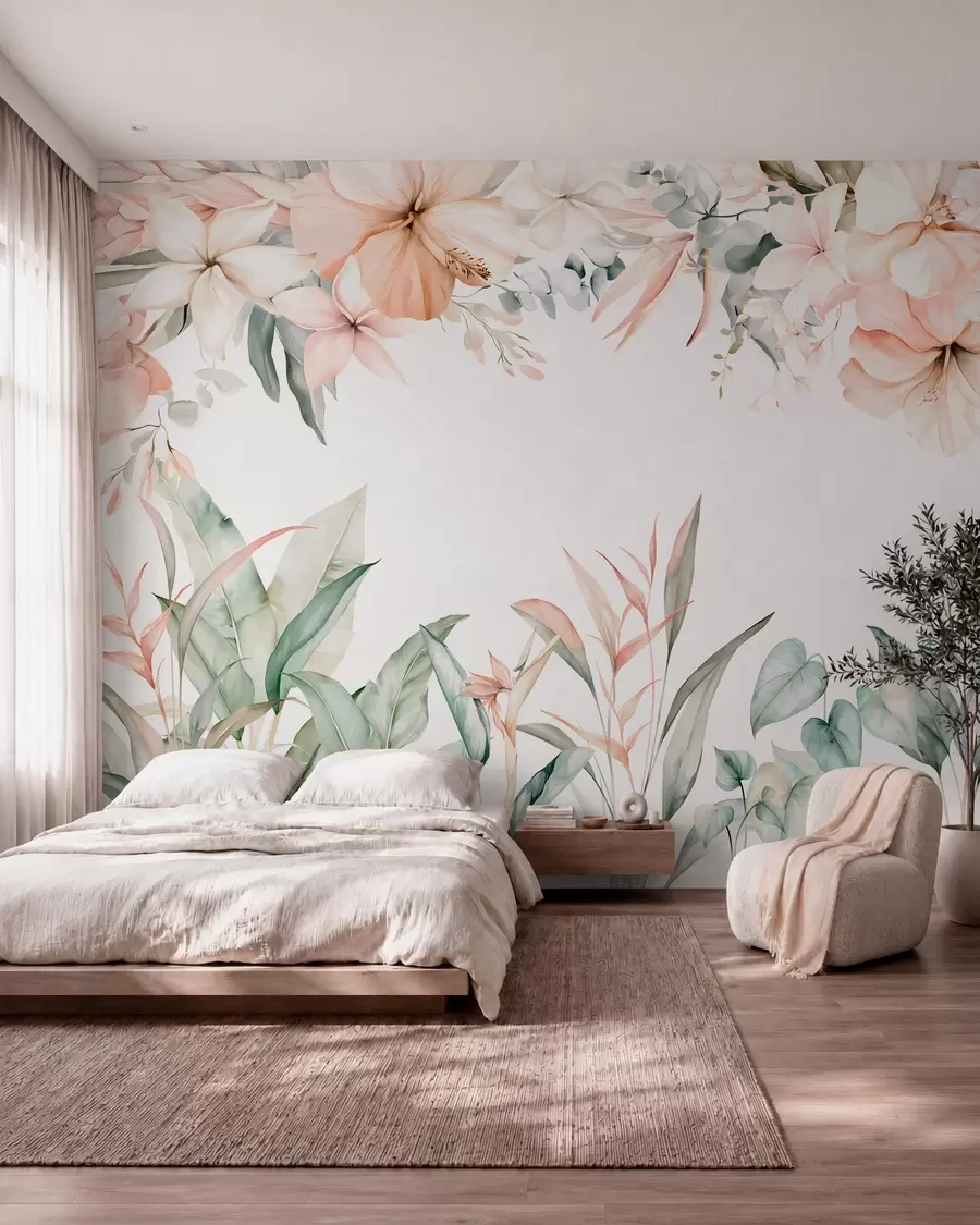 murais de parede Uma composição tropical de flores e plantas em estilo aquarela, em tons delicados w05870