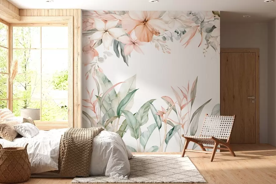 murais de parede Uma composição tropical de flores e plantas em estilo aquarela, em tons delicados w05870