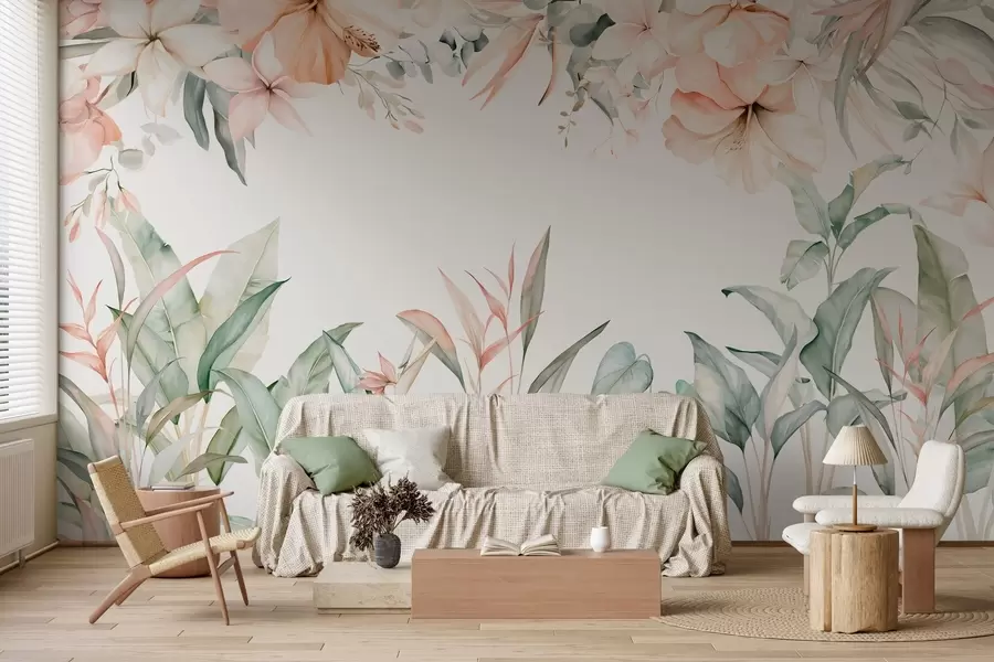 murais de parede Uma composição tropical de flores e plantas em estilo aquarela, em tons delicados w05870