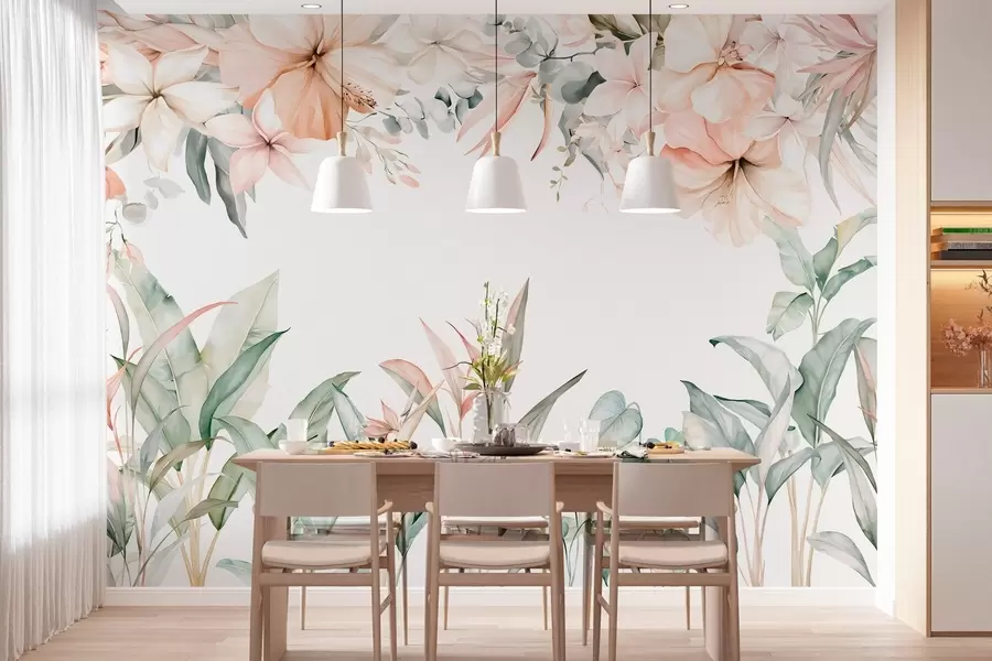 murais de parede Uma composição tropical de flores e plantas em estilo aquarela, em tons delicados w05870