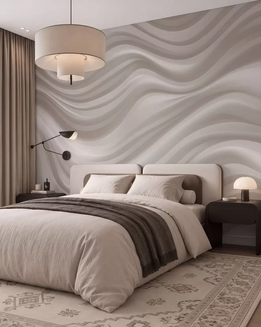 murais de parede Linhas onduladas e volumosas em tons suaves de bege e creme w09835