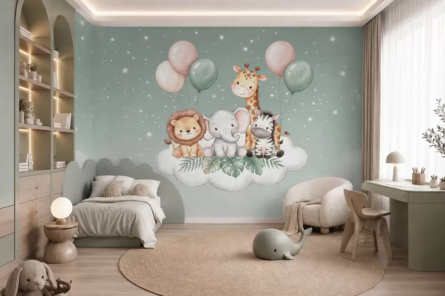 murais de parede Animais simpáticos de safári sobre nuvens fofas em tons suaves de pastel, em estilo aquarela w10004