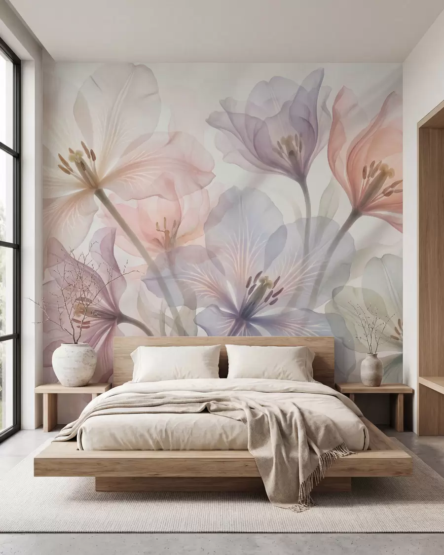 murais de parede Flores delicadas e transparentes em tons pastéis, no estilo aquarela w09999