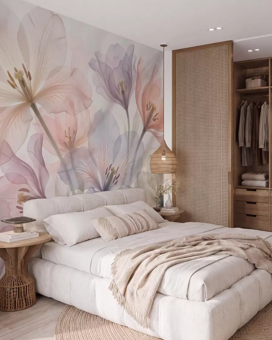 murais de parede Flores delicadas e transparentes em tons pastéis, no estilo aquarela w09999