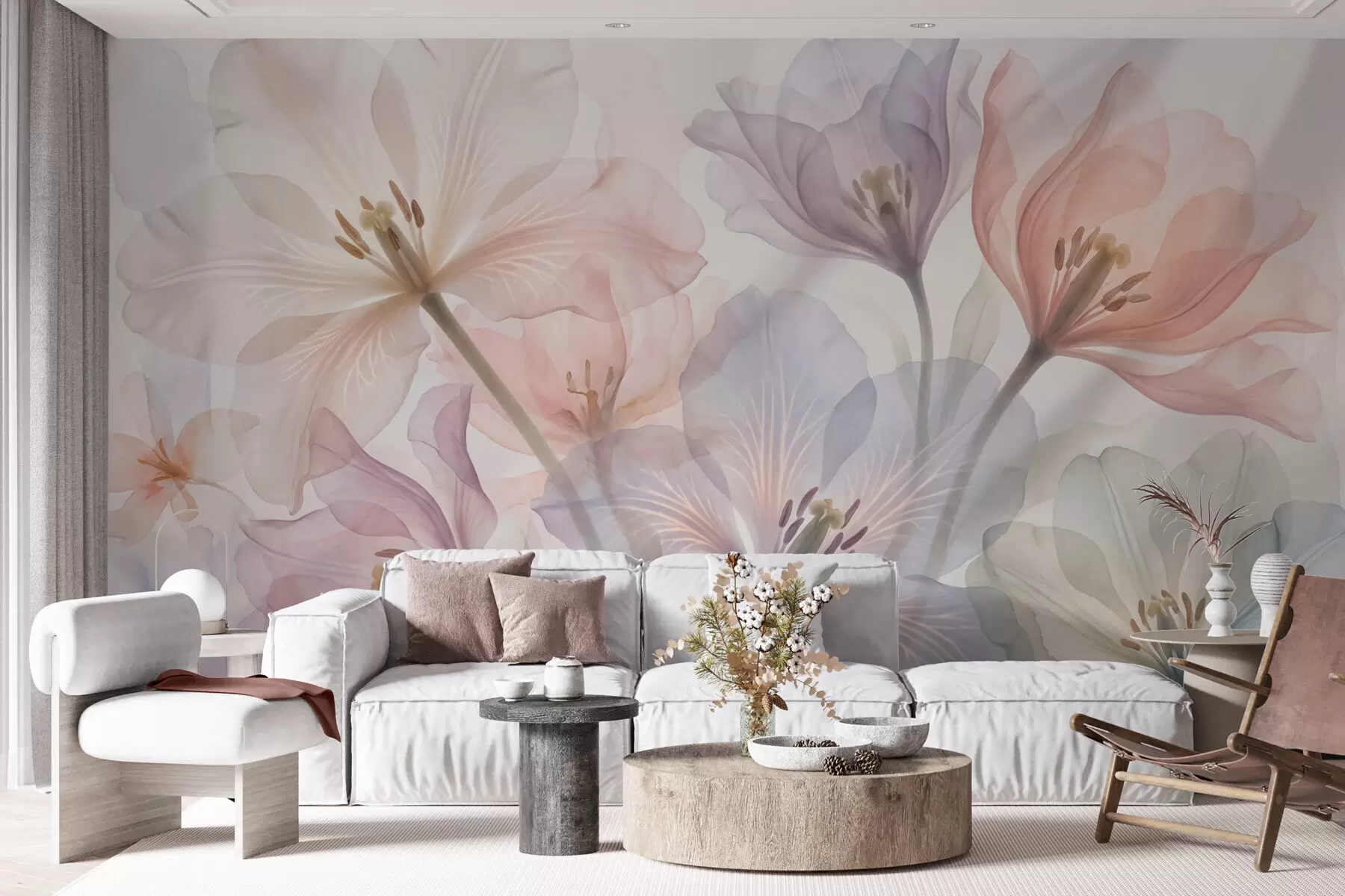 murais de parede Flores delicadas e transparentes em tons pastéis, no estilo aquarela w09999