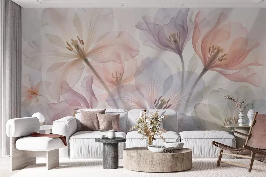 murais de parede Flores delicadas e transparentes em tons pastéis, no estilo aquarela w09999
