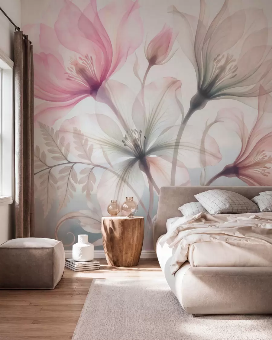 murais de parede Flores delicadas em tons pastéis de rosa e azul, em estilo aquarela w10009