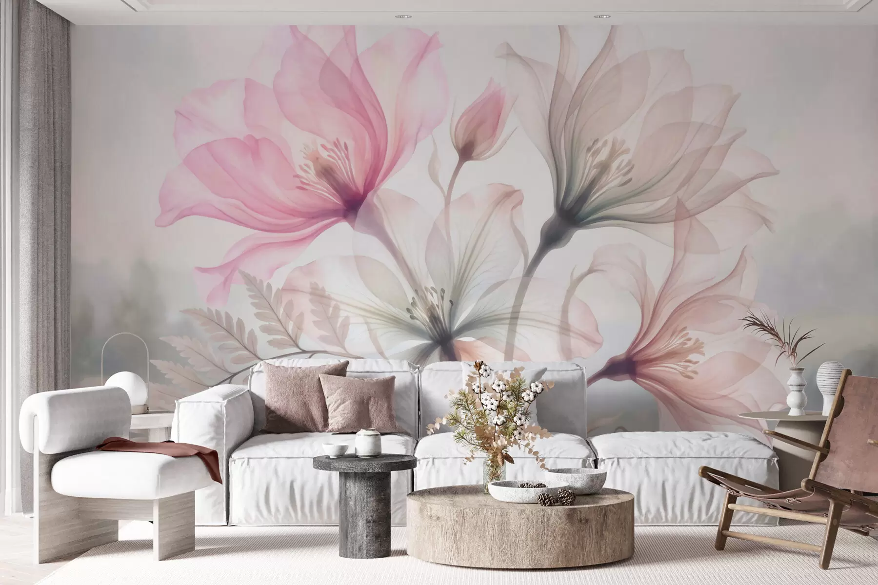 murais de parede Flores delicadas em tons pastéis de rosa e azul, em estilo aquarela w10009
