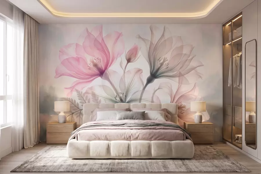 murais de parede Flores delicadas em tons pastéis de rosa e azul, em estilo aquarela w10009