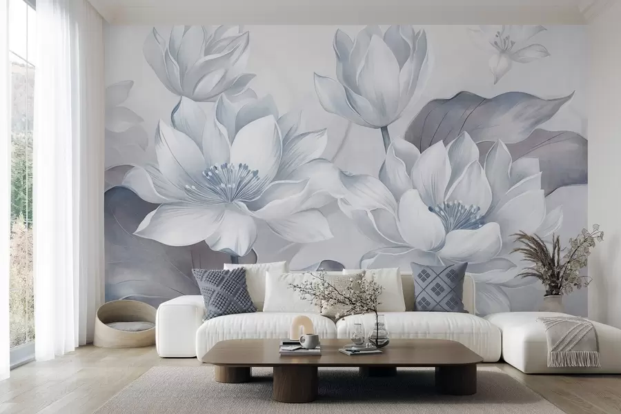 murais de parede Flores de lótus texturizadas com pétalas delicadas e folhas grandes de um azul suave w10027v1