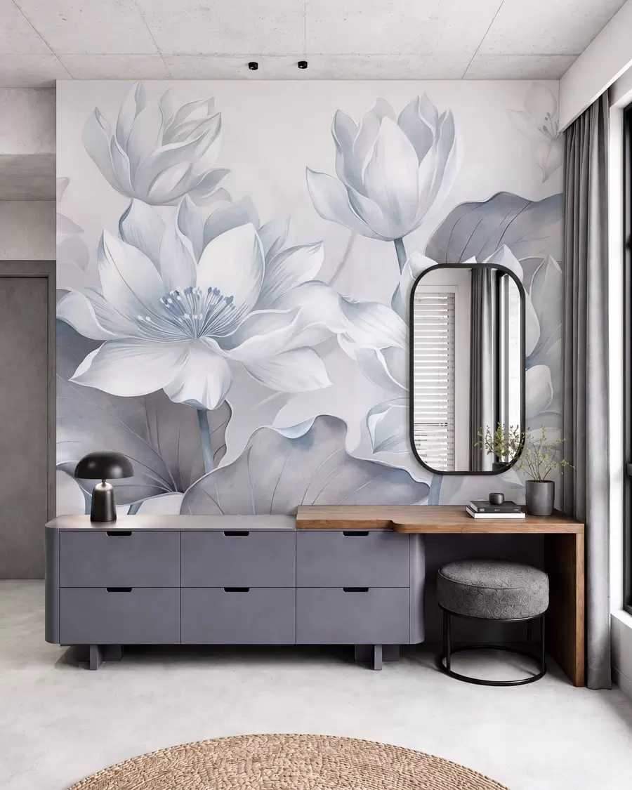 murais de parede Flores de lótus texturizadas com pétalas delicadas e folhas grandes de um azul suave w10027v1
