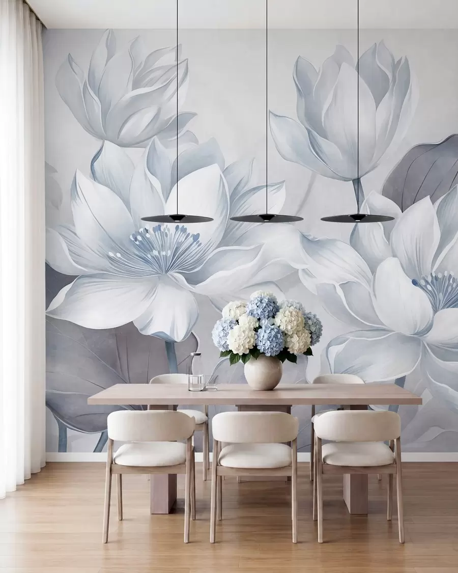 murais de parede Flores de lótus texturizadas com pétalas delicadas e folhas grandes de um azul suave w10027v1