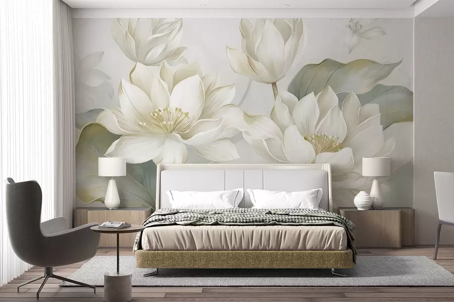 murais de parede Flores de lótus texturizadas com pétalas delicadas e folhas grandes de um verde suave w10027