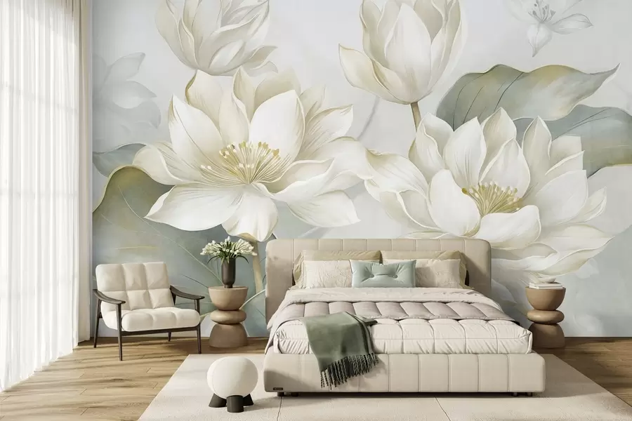 murais de parede Flores de lótus texturizadas com pétalas delicadas e folhas grandes de um verde suave w10027