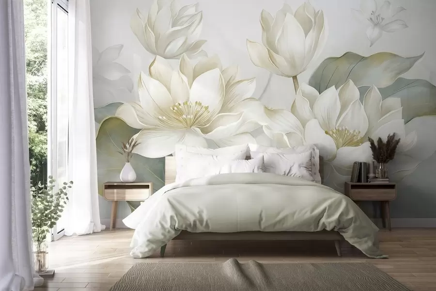 murais de parede Flores de lótus texturizadas com pétalas delicadas e folhas grandes de um verde suave w10027