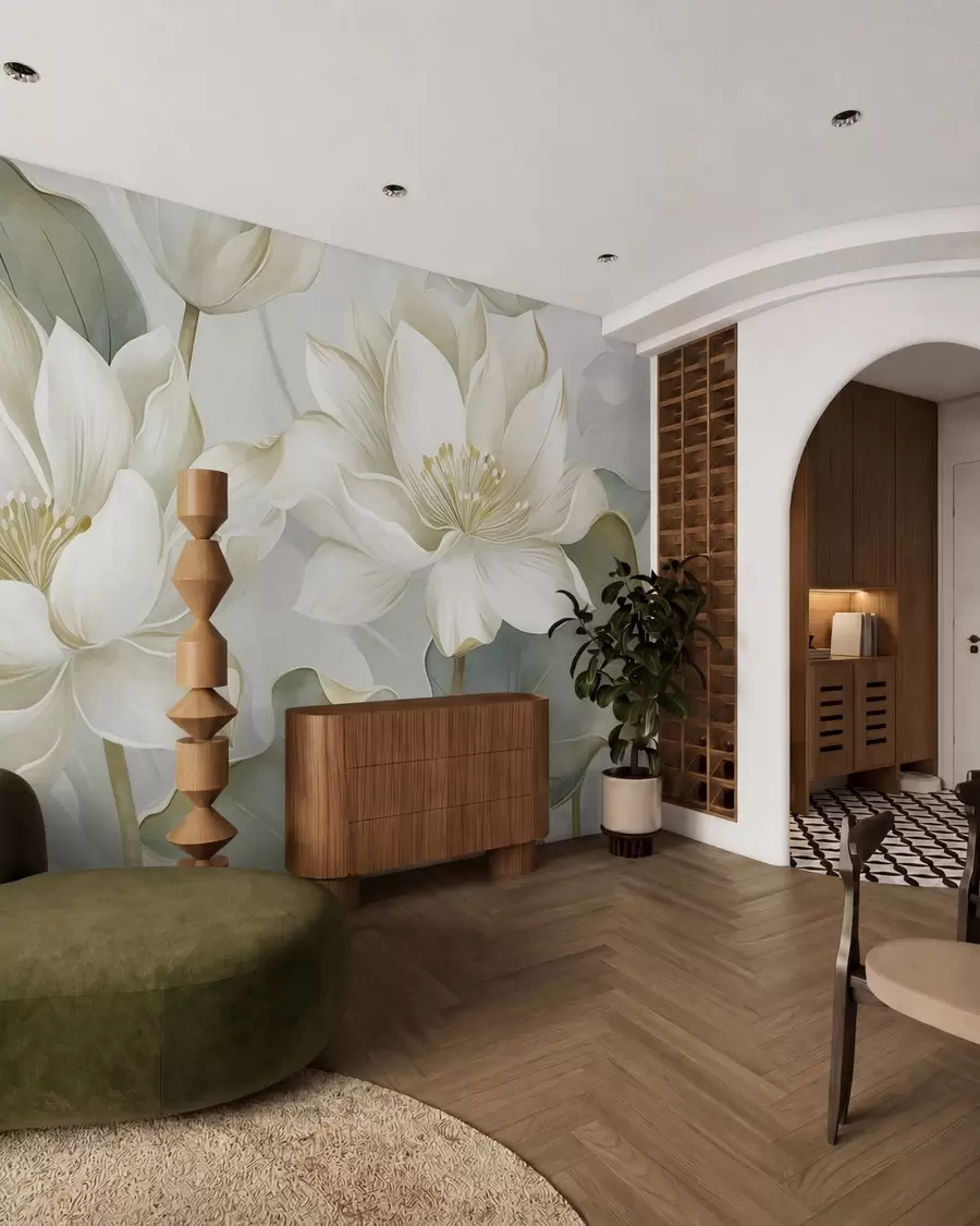 murais de parede Flores de lótus texturizadas com pétalas delicadas e folhas grandes de um verde suave w10027