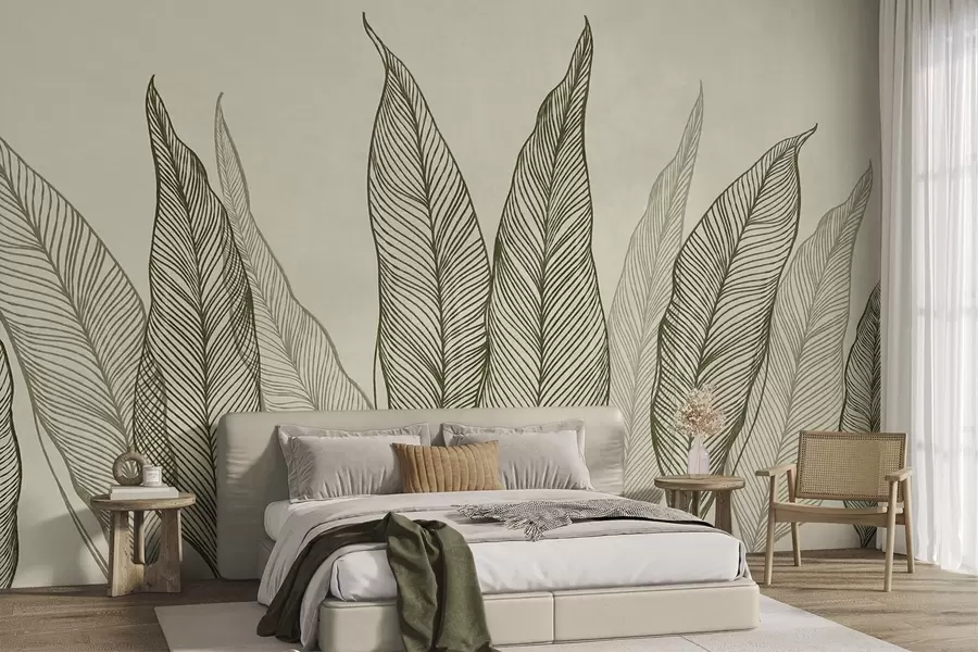murais de parede Folhas verdes estilizadas com detalhes de linhas intricadas sobre um fundo bege, arte com textura w10030