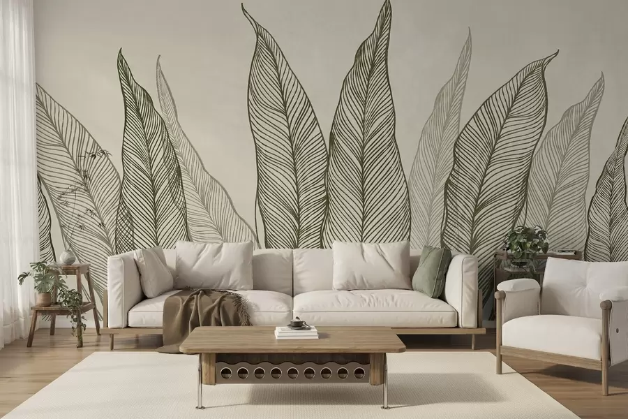 murais de parede Folhas verdes estilizadas com detalhes de linhas intricadas sobre um fundo bege, arte com textura w10030