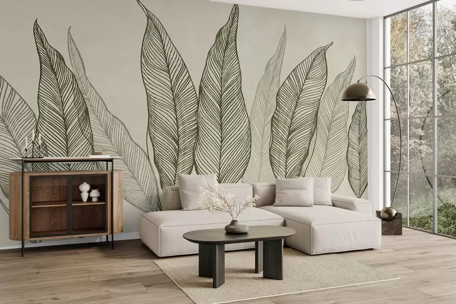murais de parede Folhas verdes estilizadas com detalhes de linhas intricadas sobre um fundo bege, arte com textura w10030