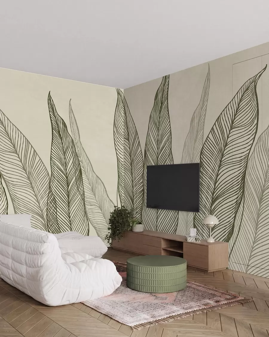 murais de parede Folhas verdes estilizadas com detalhes de linhas intricadas sobre um fundo bege, arte com textura w10030