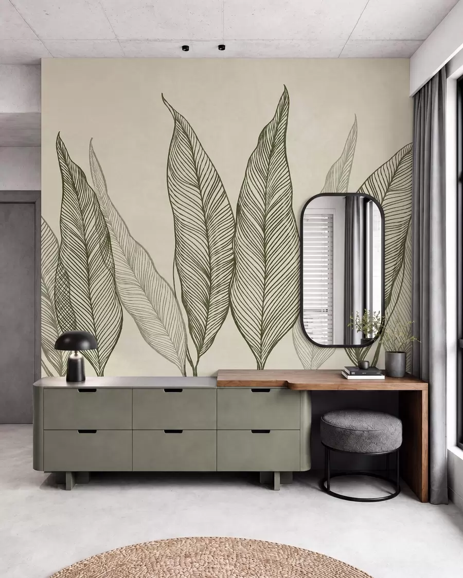murais de parede Folhas verdes estilizadas com detalhes de linhas intricadas sobre um fundo bege, arte com textura w10030