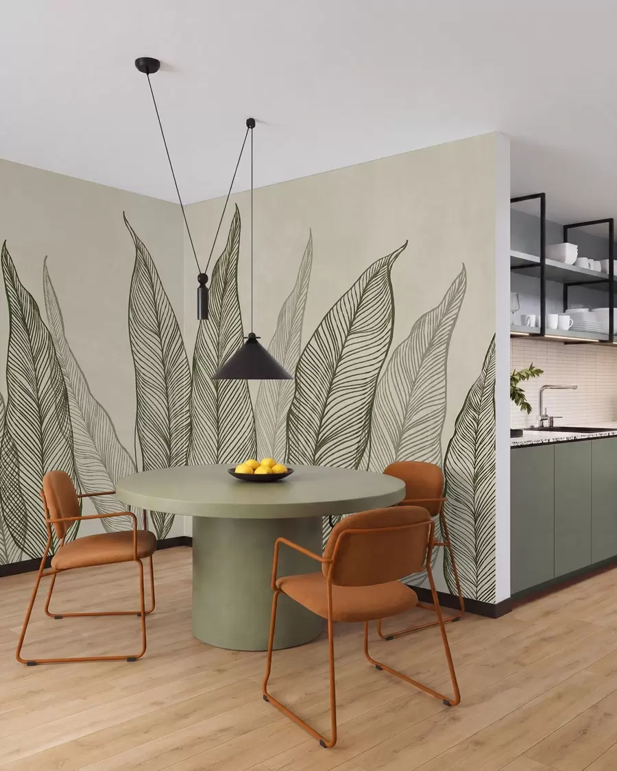 murais de parede Folhas verdes estilizadas com detalhes de linhas intricadas sobre um fundo bege, arte com textura w10030