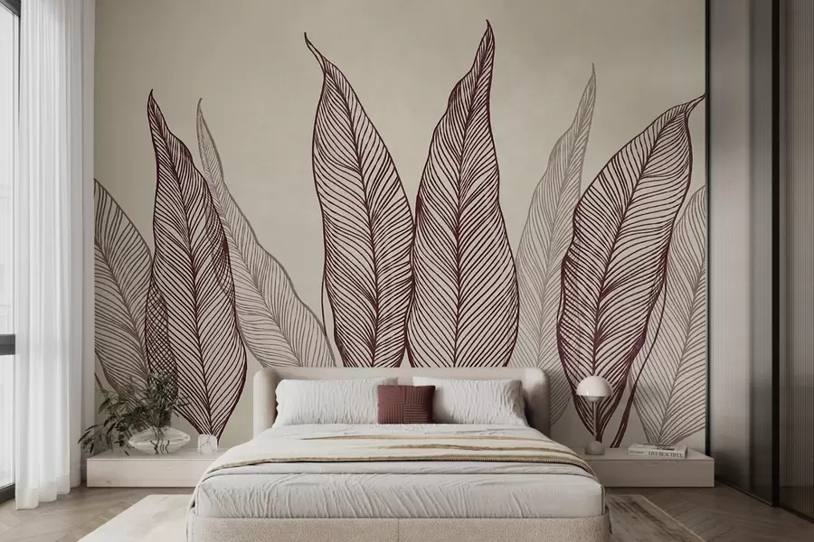 murais de parede Folhas em tom bordô estilizadas com detalhes de linhas intricadas sobre um fundo bege; arte com textura w10030v1