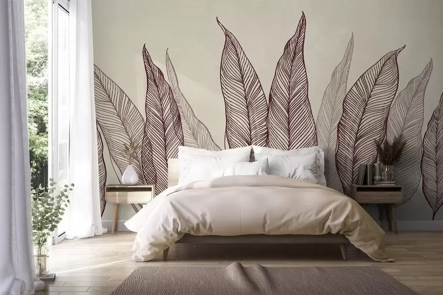 murais de parede Folhas em tom bordô estilizadas com detalhes de linhas intricadas sobre um fundo bege; arte com textura w10030v1