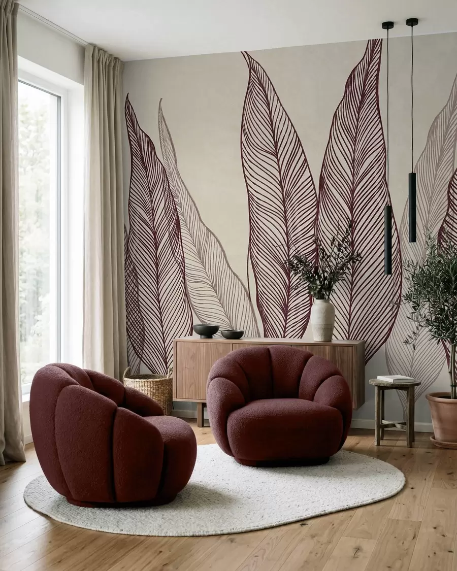 murais de parede Folhas em tom bordô estilizadas com detalhes de linhas intricadas sobre um fundo bege; arte com textura w10030v1