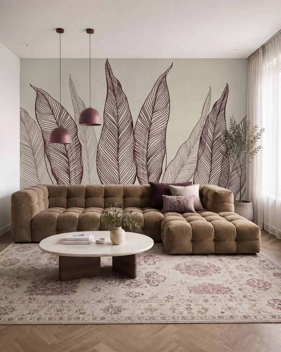 murais de parede Folhas em tom bordô estilizadas com detalhes de linhas intricadas sobre um fundo bege; arte com textura w10030v1